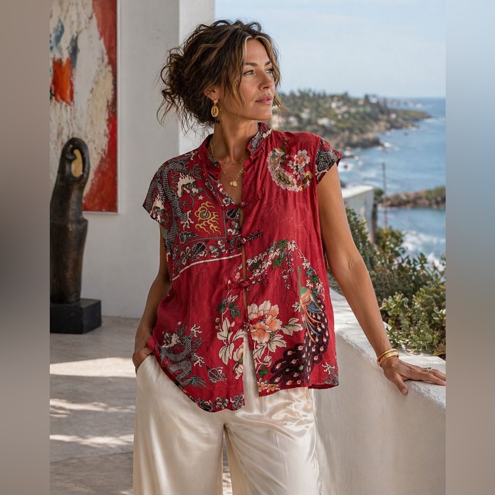 Citron Santa Monica 100% Silk Top XL Peacock Dragon Embroidered Frog Buttons Art